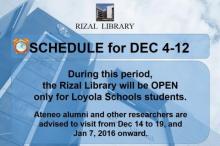 Rizal Library Schedule - December 4-12, 2015